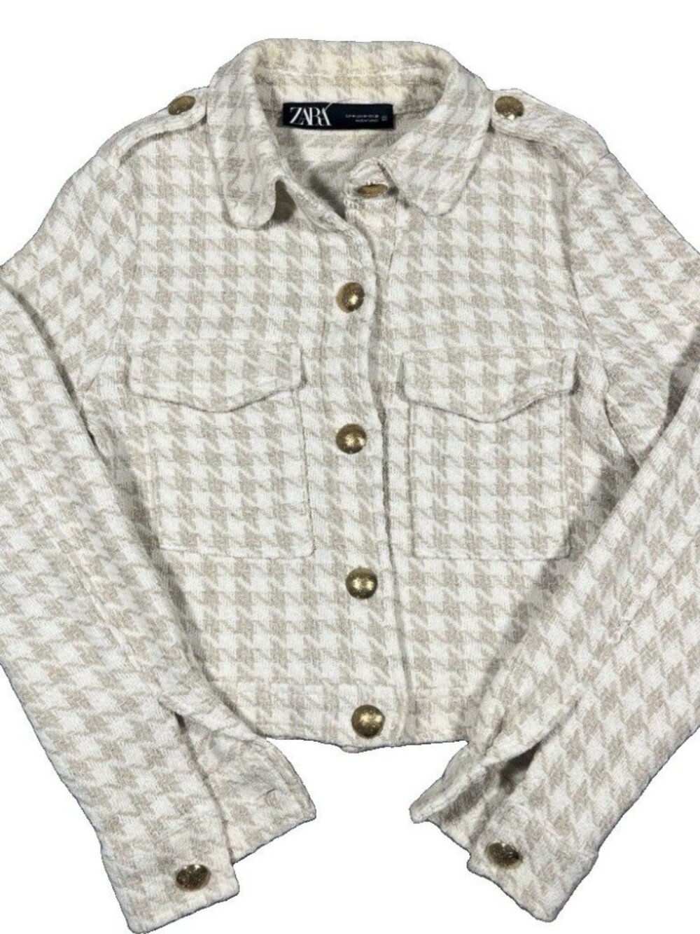 Zara Cream Textured Tweed Cropped Jacket Gold Button Houndstooth Women’s M